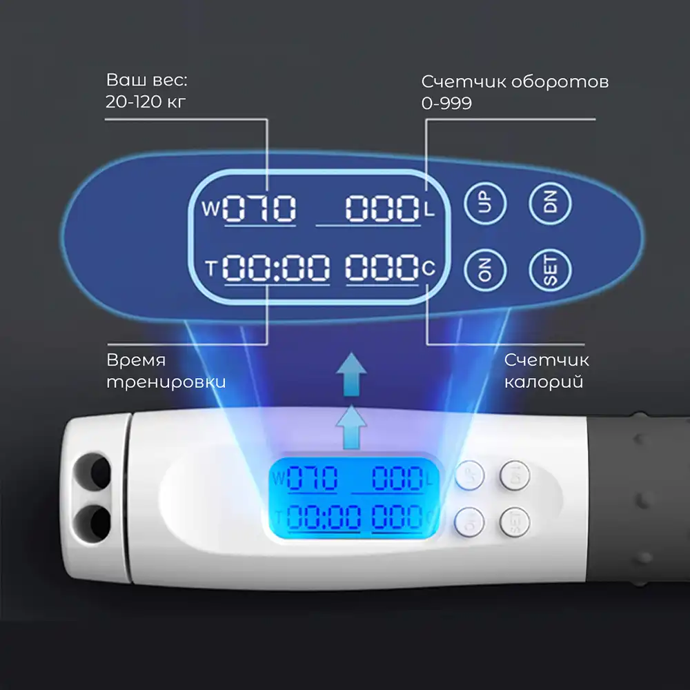 фото Скакалка умная с дисплеем Proiron, бело-серая, арт. ПРО043 в интернет-магазине спортивных товаров МЯЧИКИ