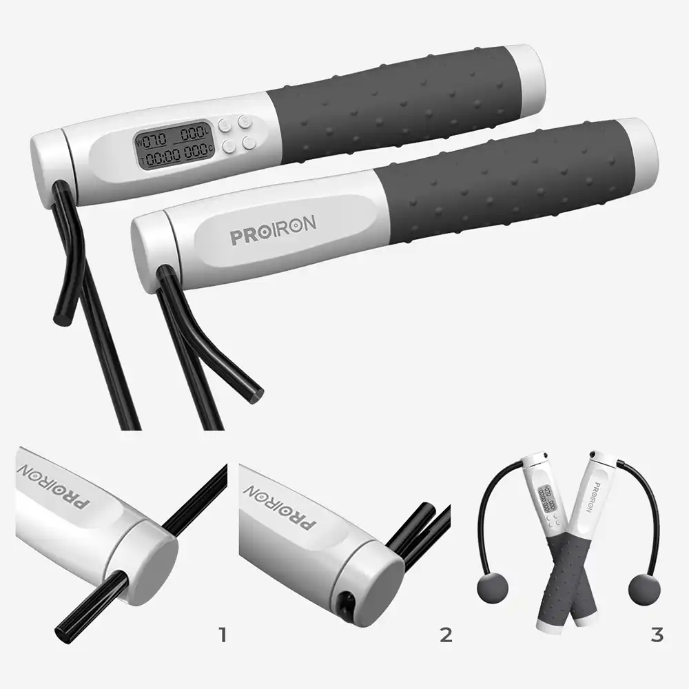 фото Скакалка умная с дисплеем Proiron, бело-серая, арт. ПРО043 в интернет-магазине спортивных товаров МЯЧИКИ