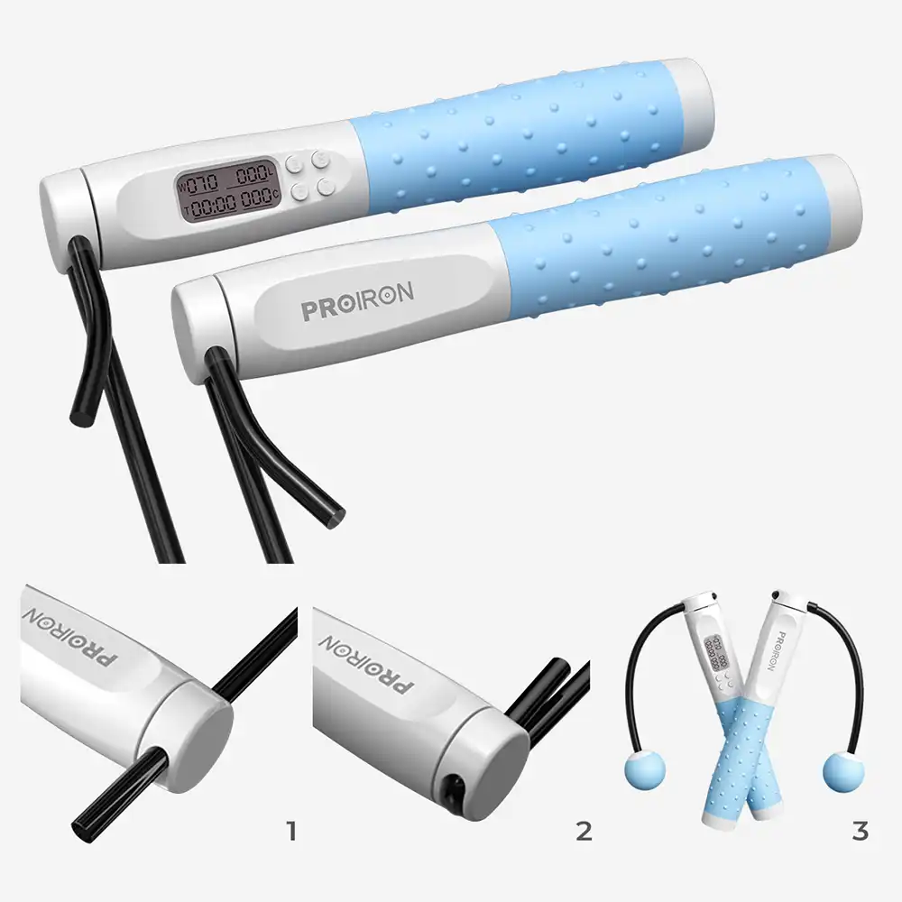 фото Скакалка умная с дисплеем Proiron, бело-синяя, арт. ПРО042 в интернет-магазине спортивных товаров МЯЧИКИ