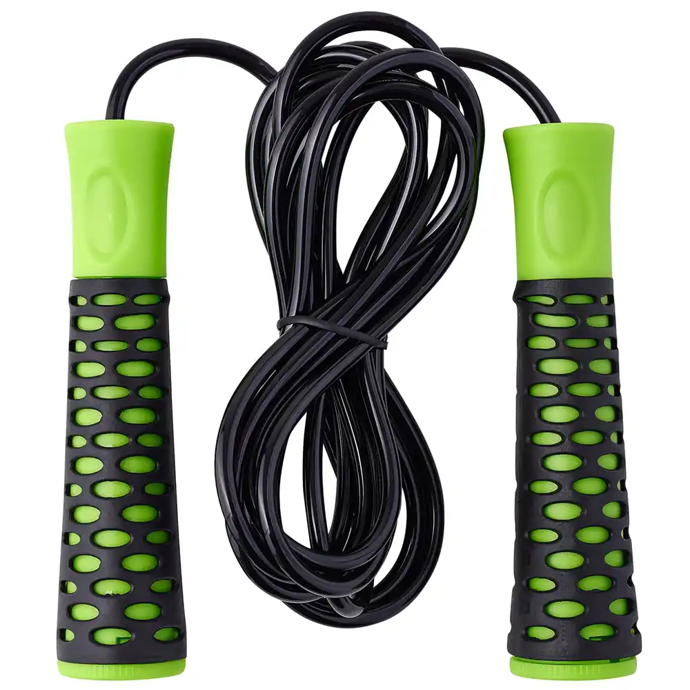 фото Скакалка RP-103 PVC, с нескользящей ручкой, 3,05 м, черный/зеленый в интернет-магазине спортивных товаров МЯЧИКИ